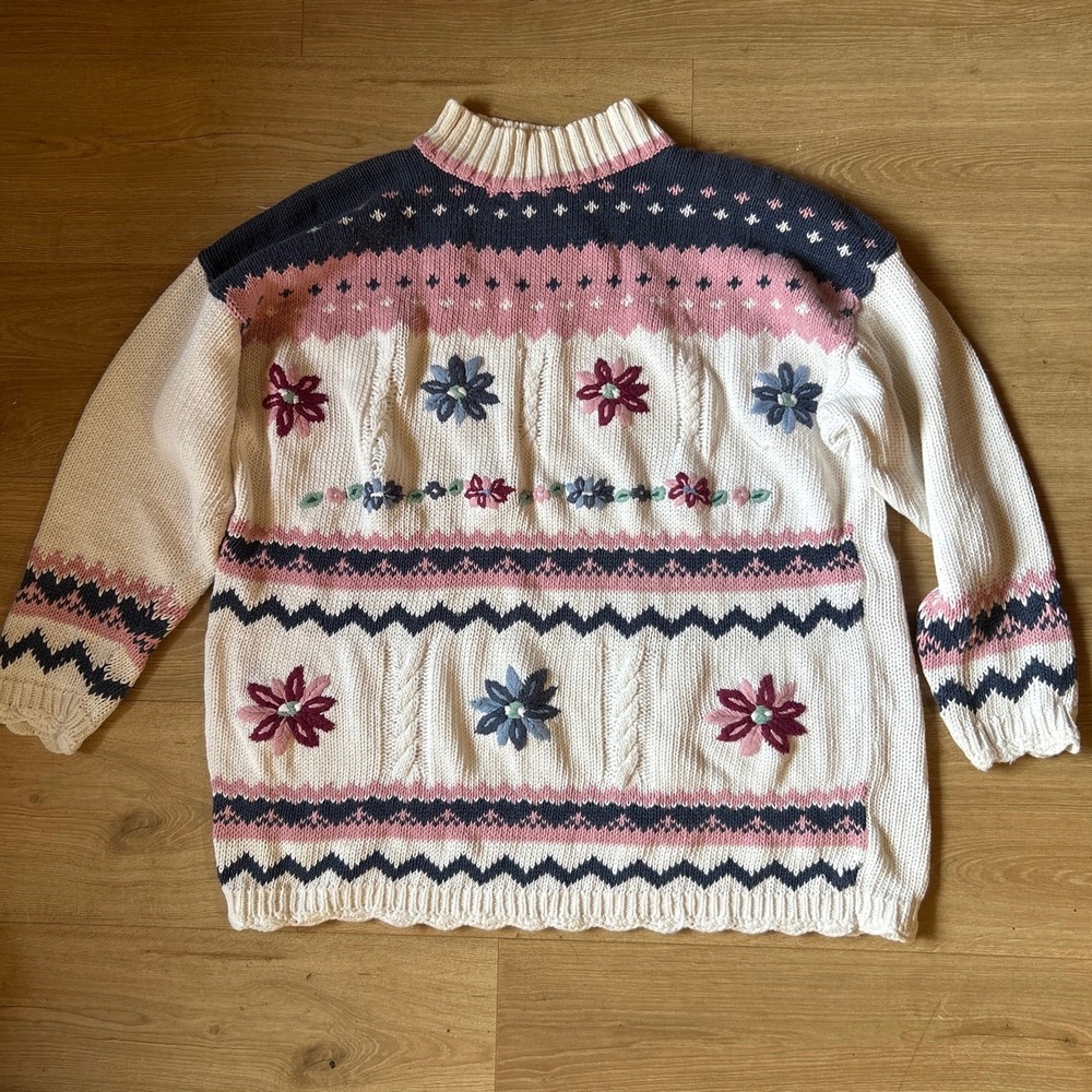 Cynthia Jo Vintage Floral Embroidered Knit Sweater Pink Navy Cream 2X Vintage